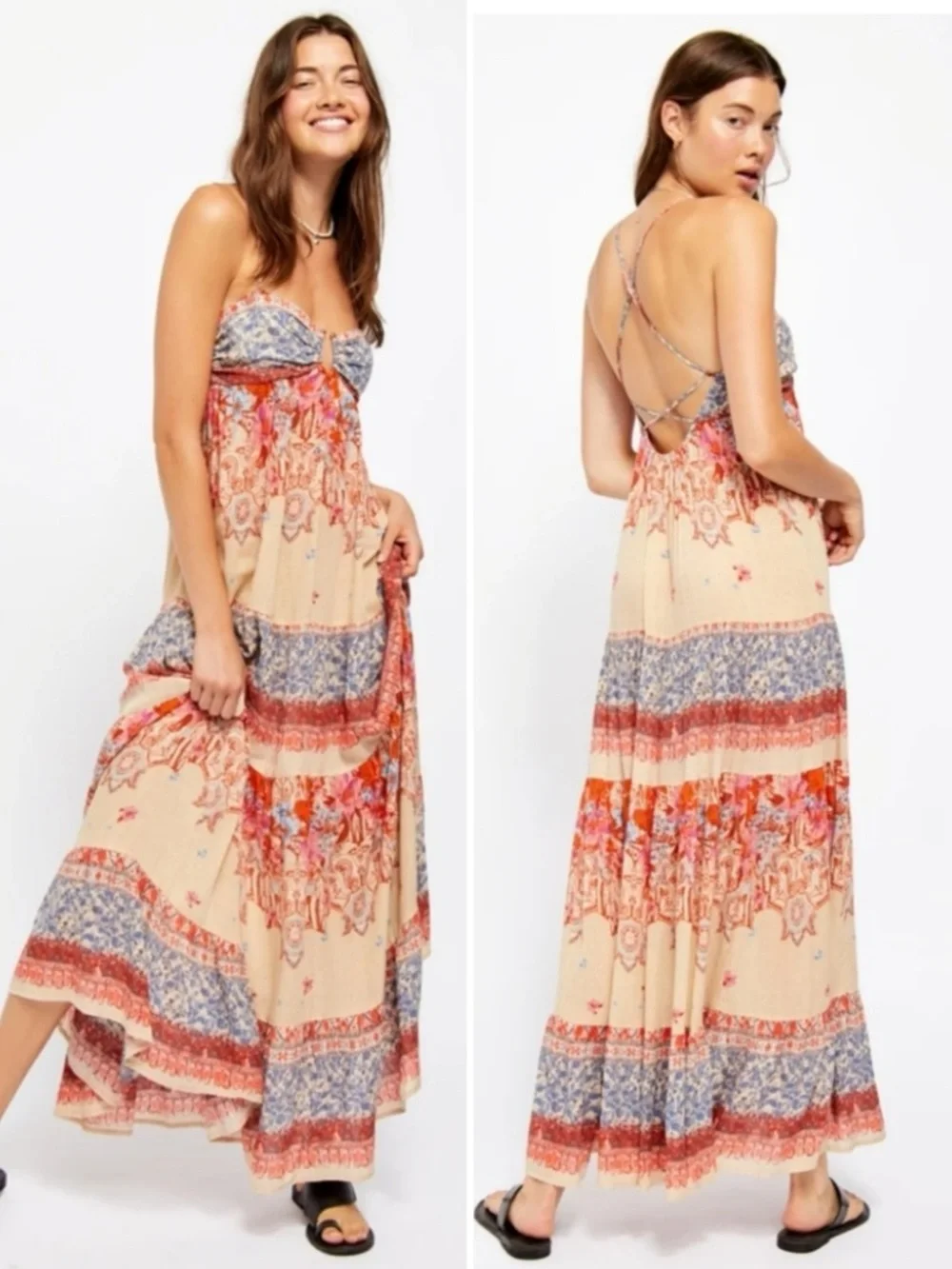 Free People Intimately “Give A Little” bohemian maxi slip dress in Cream combo-S - Picture 3 of 14